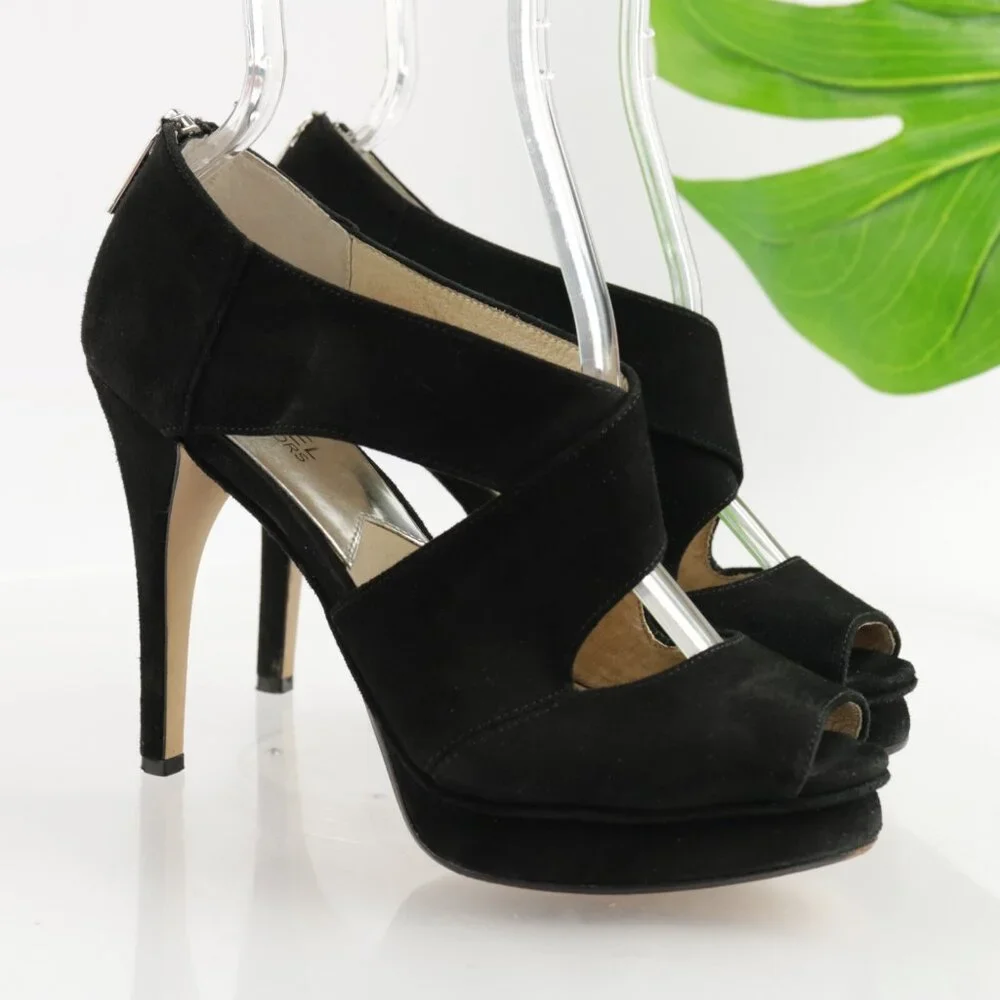 Michael Kors Women Elena Sandal Size 7.5 Black Suede Platform Heel Peep Toe Shoe